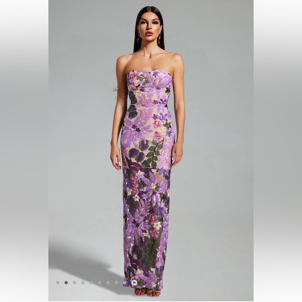 Bella Barnett Eugenia Floral Strapless Mesh Sequined Dress